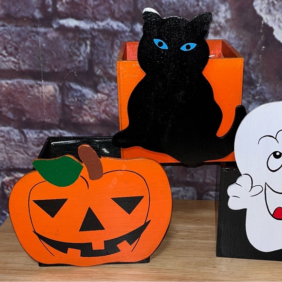 Vintage Halloween Michaels & Lucie Sable Ghost Cats Pumpkin Wood Box Decoration - Picture 5 of 15
